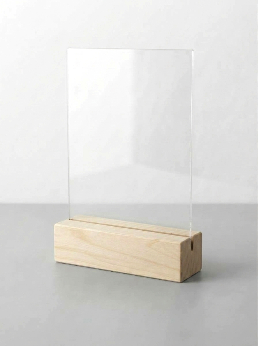 porta avvisi sa banco in plexiglass con base in legno